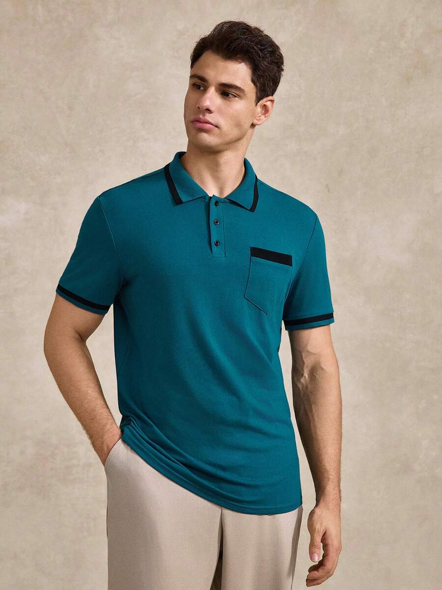 Courvante Men's Contrast Color Short Sleeve Casual Commuter Polo Shirt, Formal Ceremony - Teal Blue - View 1