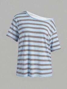 SHEIN EZwear 休閒極簡風藍色條紋滿版印花單肩落肩短袖寬鬆女款T恤 - 白色 - 查看 5