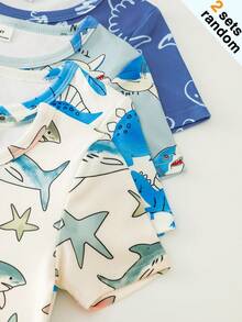 [1 Set Acak] Set Piyama Anak Laki-laki Balita Motif Kartun Hewan Laut & Kendaraan Teknik yang Lucu, Pas Badan, Warna Putih, Cocok untuk Keluarga di Musim Panas - MultiWarna - View 7