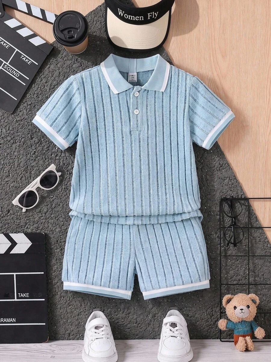 SHEIN 2pcs/Set Young Boy Contrast Trim Short Sleeve Top And Shorts Set, School, Campus, College - Baby Blue - View 1
