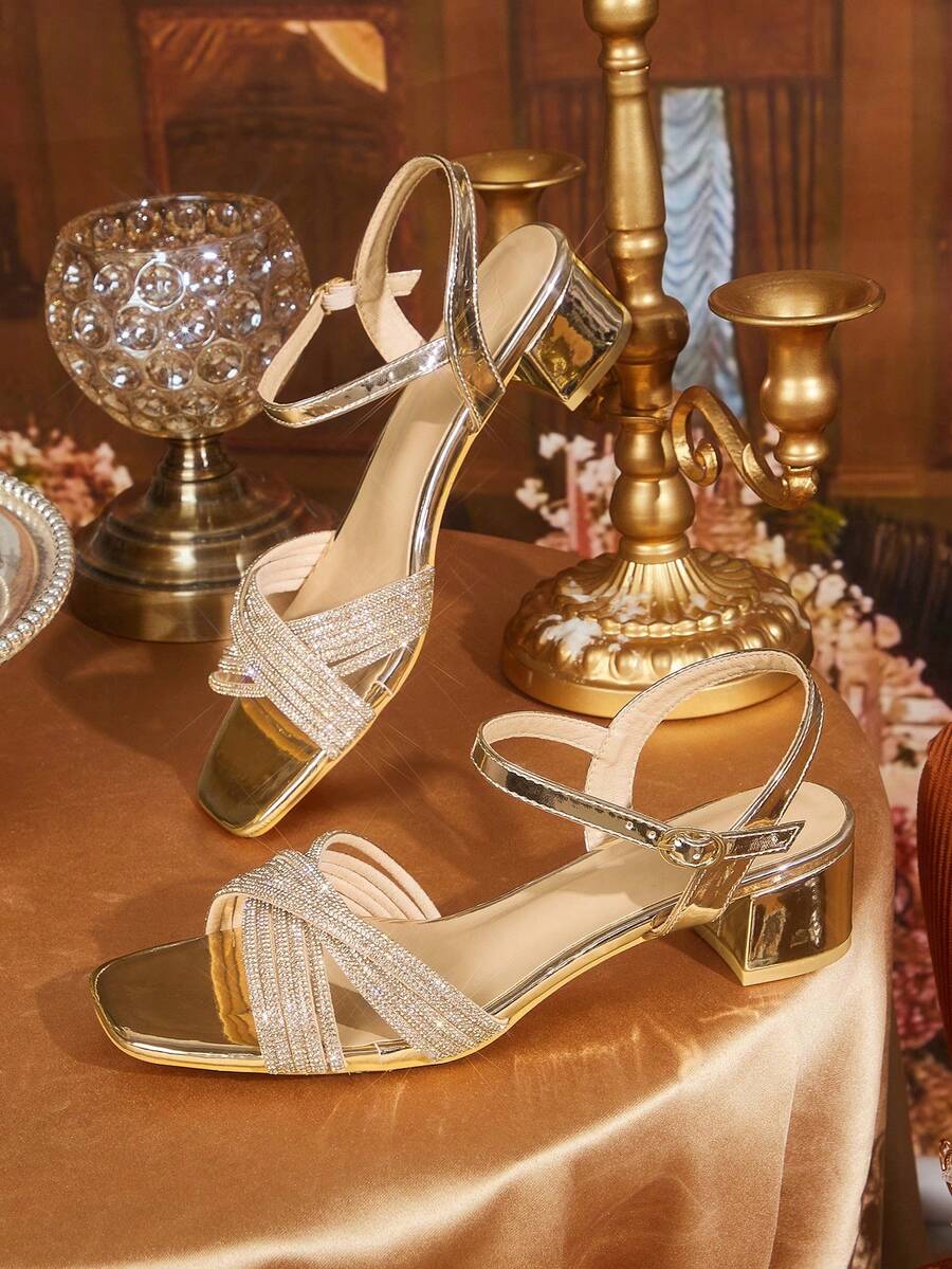 CUCCOO TILAWA Women's Solid Color Rhinestone Decor Square Toe Elegant High Heel Sandals - Champagne - View 1