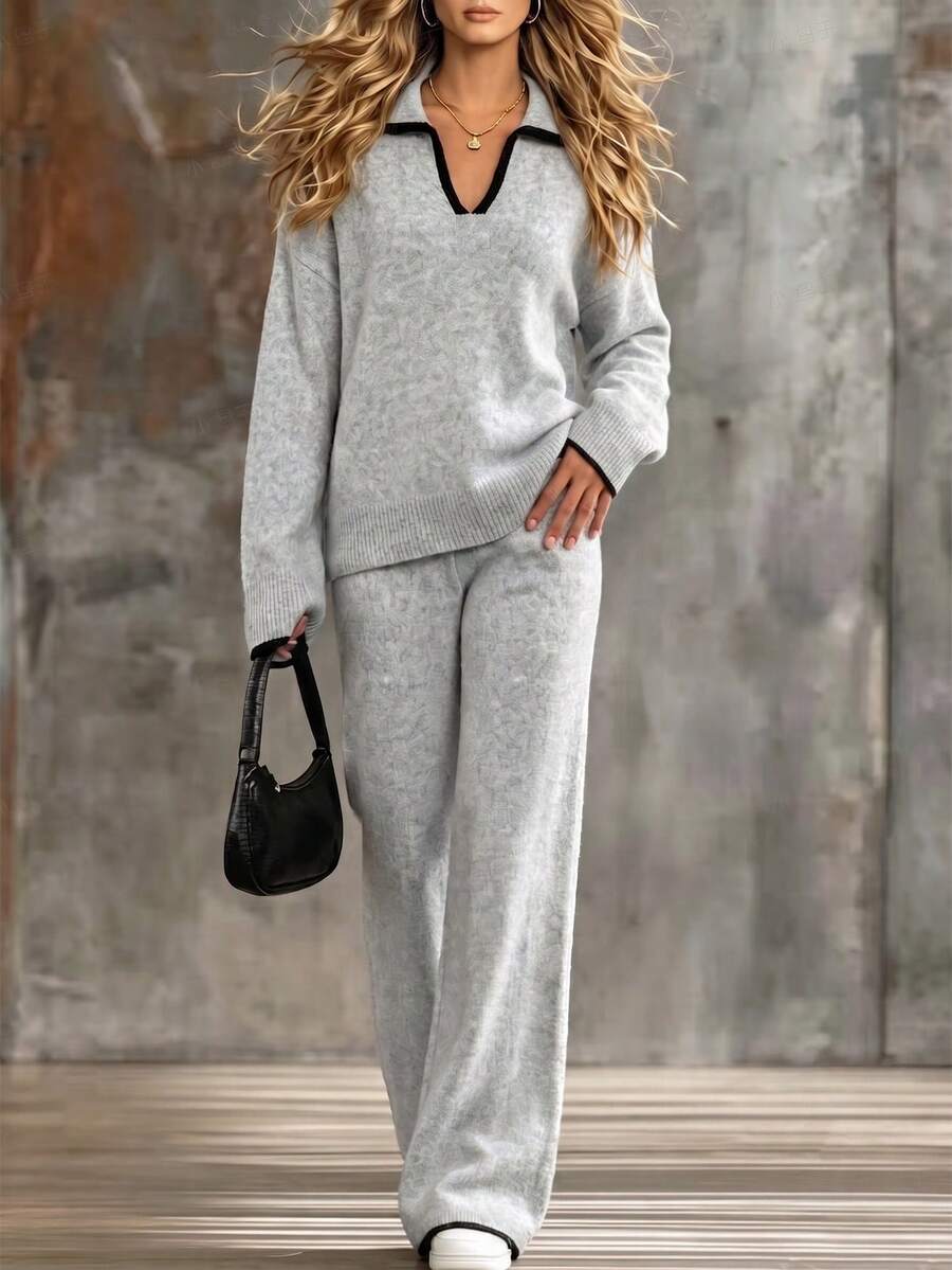 SHEIN Autumn Winter Grey Knit 2 Pieces Set, Black Contrast Trim Small Polo Neck, Versatile For Inner - Grey - View 1