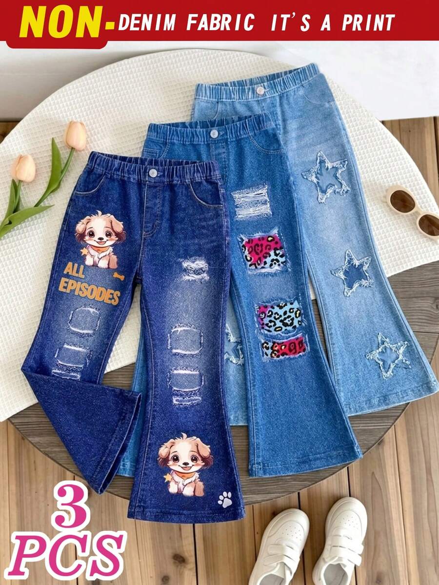 SHEIN 3件組女童幼兒復古水洗做舊印花修身喇叭褲,休閒日常秋季穿搭 - 彩色 - 查看 1