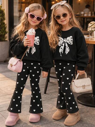 Young Girl Casual Minimalist Loose Crew Neck Long Sleeve Sweatshirt & Flare Pants 2-Piece Set, Suitable For Autumn/Winter