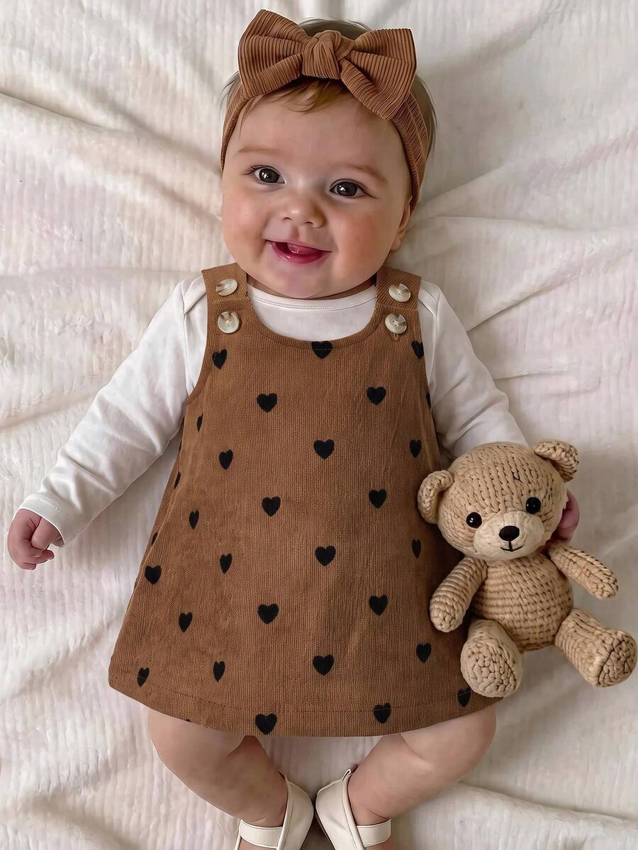 SHEIN Newborn Baby Girl Cute Versatile Casual Cartoon Bear Print Dress Autumn - Multicolor - View 1
