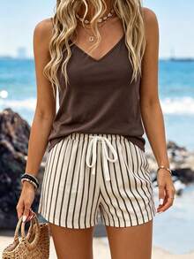 Comfylo Casual Vacation Style Chocolate Brown Beige Spaghetti Strap Tank Top And Matching Shorts Women's Round Neck 2-Piece Set Suitable For Summer Beach - Brown - View 4