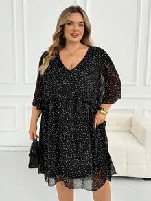 SHEIN CURVE+ Plus Size French Fashion Polka Dot Print Ruffle V-Neck Dress Fall - Black and White - View 8