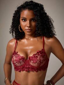 DreamPoppy 1 Set 3pcs Wine Red Lace Lingerie, Comfortable Bra With Underwire, Garter Belt And Panties, Date Night - Red - View 7