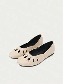 Nöista Ecru Ballet Flat With Laser-Cut Details And Metallic Studs, Combining A Feminine Silhouette With A Boho Touch. Fall Shoes - Apricot 3 - View 1