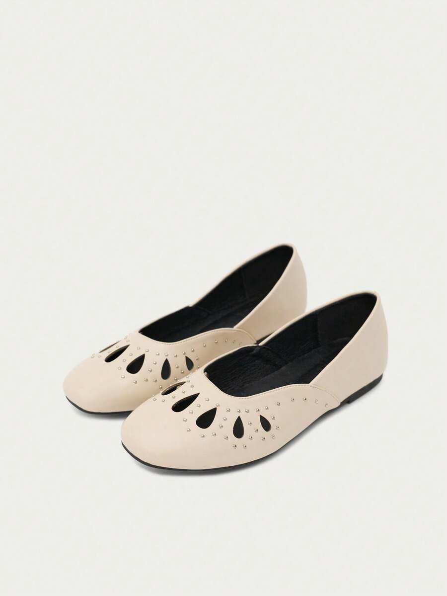 Nöista Ecru Ballet Flat With Laser-Cut Details And Metallic Studs, Combining A Feminine Silhouette With A Boho Touch. Fall Shoes - Apricot 3 - View 1