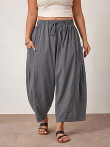 Enliva Plus Size Loose Fit Drawstring Casual Business Casual Cropped Pants Vacation Lounge Gray Summer Fall - Dark Grey - View 8