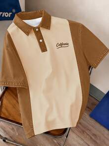 Manfinity Joysei Men's Letter Pattern Colorblock Casual Daily Short Sleeve Polo Shirt - Coffee Brown - View 5