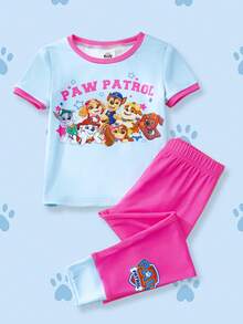SHEIN | PAW Patrol 2件套主题圆领短袖上衣和裤子睡衣套装，适合年轻女孩 - 藍白色 - 查看 1