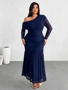 Firerie Plus Size Elegant Solid Color Cold Shoulder Halter Neck Dress Fall - Blue - View 8