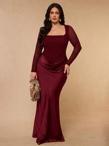 SHEIN BAE CURVE 大尺碼女款優雅長袖百褶緞面拼接洋裝 秋季 - 酒紅色 - 查看 3