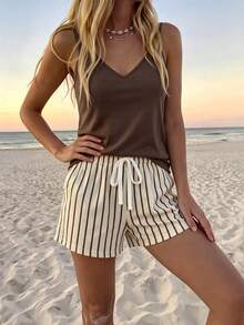 Comfylo Casual Vacation Style Chocolate Brown Beige Spaghetti Strap Tank Top And Matching Shorts Women's Round Neck 2-Piece Set Suitable For Summer Beach - Brown - View 5
