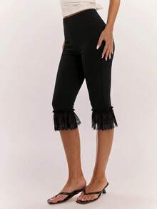 SHEIN BAE Women's Solid Color Contrast Lace Ruffle Hem Fashion Capri Length Pants - Black - View 3