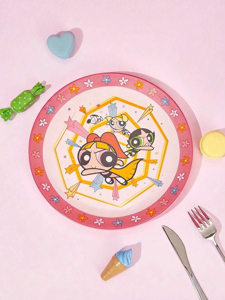 THE POWERPUFF GIRLS X Joivida 1個 X Joivida 粉色白色陶瓷晚餐盤,活力卡通設計,適合居家、廚房,可用作零食、糖果、甜點、蛋糕、水果盤,適合家庭、派對、野餐、婚禮,充滿活力的禮物 - 彩色 - 查看 1