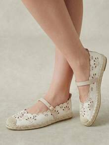 Styleloop Fashion Apricot Embroidery Hollow Building Color Hemp Rope Bottom Women's Flat Sole Shoes Comfortable And Breathable Commuting Suitable For Outdoor Va - Apricot - View 2