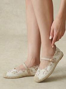 Styleloop Fashion Apricot Embroidery Hollow Building Color Hemp Rope Bottom Women's Flat Sole Shoes Comfortable And Breathable Commuting Suitable For Outdoor Va - Apricot - View 9