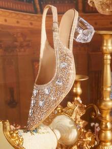 CUCCOO TILAWA Women's Crystal And Glass Rhinestone Pointed Light Gold High-Heeled Shoes, Suitable For Going Out, Banquets, Parties And Other Activities - Light gold - View 7