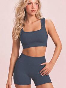 SHEIN Sovereign Charm Solid Color Ribbed Sports Tank Top & Shorts Set For Women - Iron Gray - View 4