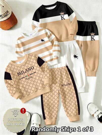 SHEIN Dapatkan 1 Set Gratis 3 Set (Promosi Acak) Sweatshirt Leher Bulat Motif Garis-garis Kasual Street Fashion dengan Logo Kuda dan Celana Panjang Motif Senada, Cocok untuk Acara dan Perjalanan Musim Gugur/Musim Dingin