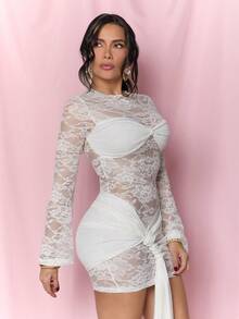 Dania Mndz Shop White Floral,Summer,Seductive,Party Sheer Long Sleeve Ribbon Dress,Holiday Cocktail Night Out Club Wear,Valentine's Day Women Elegant - White - View 4