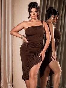 Cravure Women's Elegant Asymmetrical Neckline Patchwork Draped Slim Fit Bodycon Plus Size Summer Dress - Coffee Brown - View 6