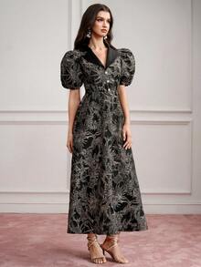 BELROSIE BELROSIE Dress Puff Sleeve Slim A-Line Jacquard Contrast Suit Collar Pearl Button Retro Elegant Black And Gold Leaf For Party Night Dinner Summer Wedding - Multicolor - View 4