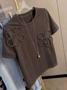 Resyla 女款夏季休閒 3D 花卉裝飾 T-shirt - 摩卡棕 - 查看 5