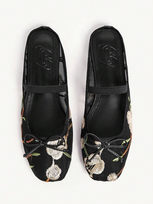 CUCCOO CHICEST Zapatos Mules Planos para Mujer de Moda con Encaje Negro, Malla, Tiras de Strass, Transpirables, Lindos, Dulces y Elegantes, sin Talón