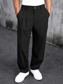 Manfinity Homme Men's Plus Size Solid Color Pleated Pocket Casual Versatile Daily Travel Long Pants - Black - View 4