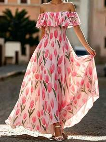 RosyDaze Summer, Elegant Party Dress, Wedding Guest Dress, Graduation Dress, Pink Dress, Women's Floral Dress, Outwear, Lace Edge Off-The-Shoulder Long Dress - Pink - View 5