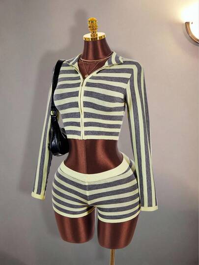 Amplova Women's Striped Colorblock Cropped Long Sleeve Knit Top And Knit Shorts 2 Pieces Set