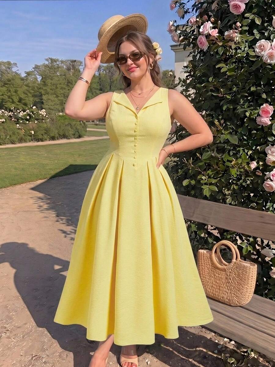 SHEIN MOD Women's Textured Collar Button Front Waist Cinched Solid Color Dress,Summer Outfits Women,Romantic