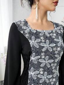 Yasmyna 春夏優雅方領前片拼接刺繡布料收腰女款阿拉伯風洋裝 - 黑色 - 查看 3