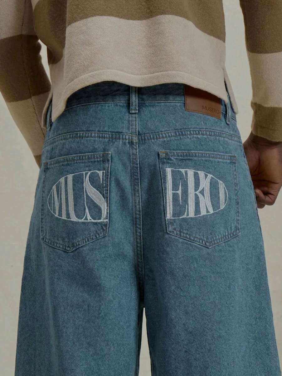 Musero Oversized Crop Length Zip Through Shorts Branded Embroided Patch - Medium Wash - View 1