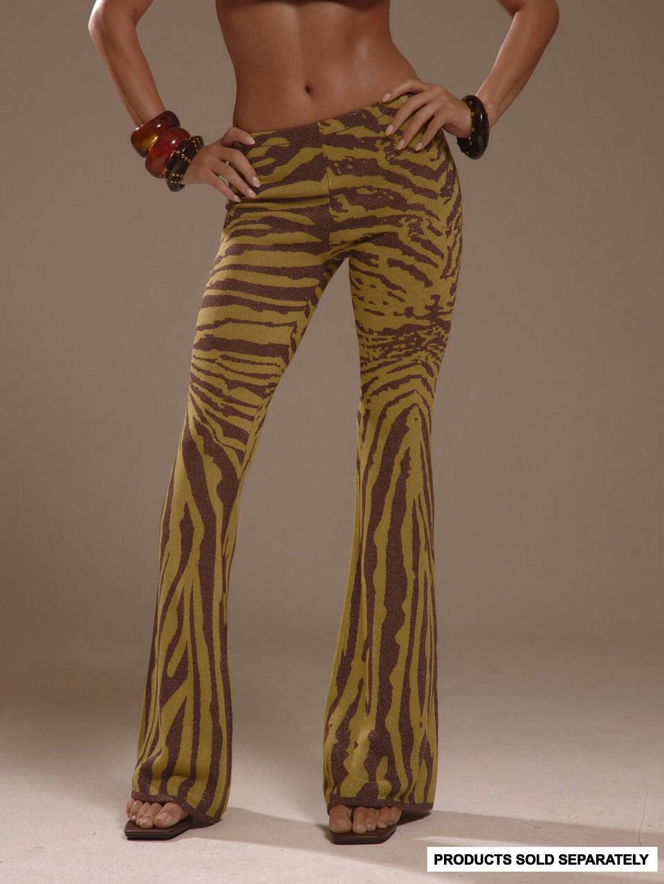 Glitter Knit Zebra Print Flared Low Rise Trousers