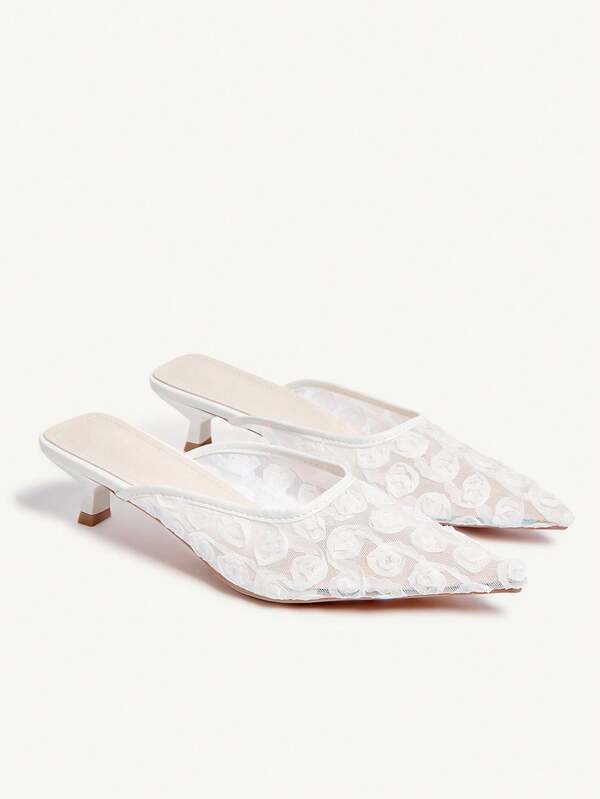 CUCCOO CHICEST Ladies White Pointed Mesh Rose Decorative Elegant Date Wear Kitten And High Heel Shoes