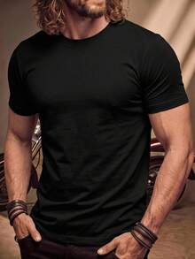 Fenqiro Plus Size Men's Solid Color Crew Neck Short Sleeve Casual Top Tee - Black - View 1