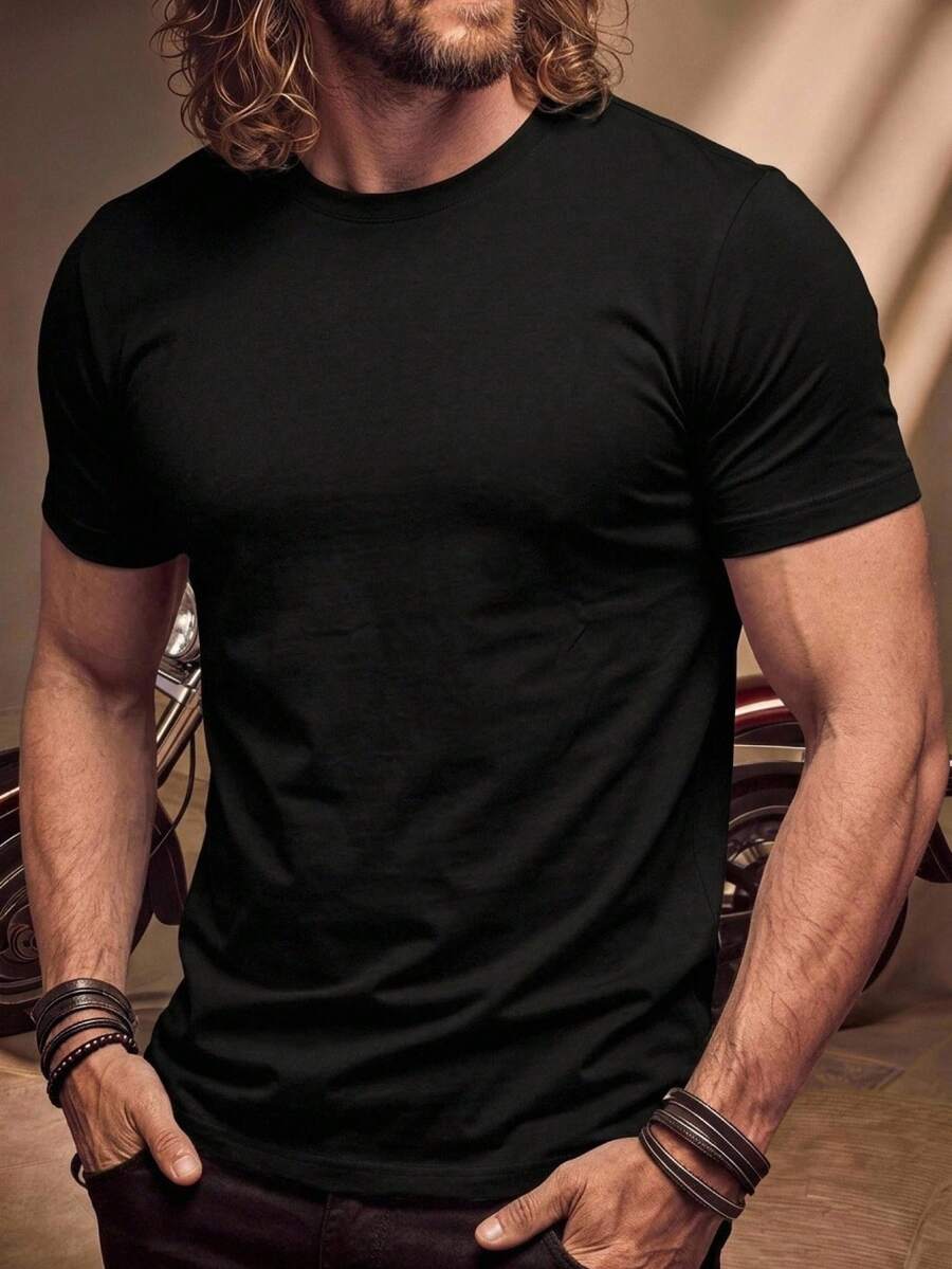 Fenqiro Plus Size Men's Solid Color Crew Neck Short Sleeve Casual Top Tee - Black - View 1