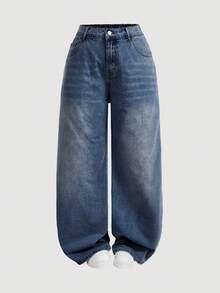 SHEIN MOD Plus Size Casual Washed Wide Leg Jeans - Dark Wash - View 1