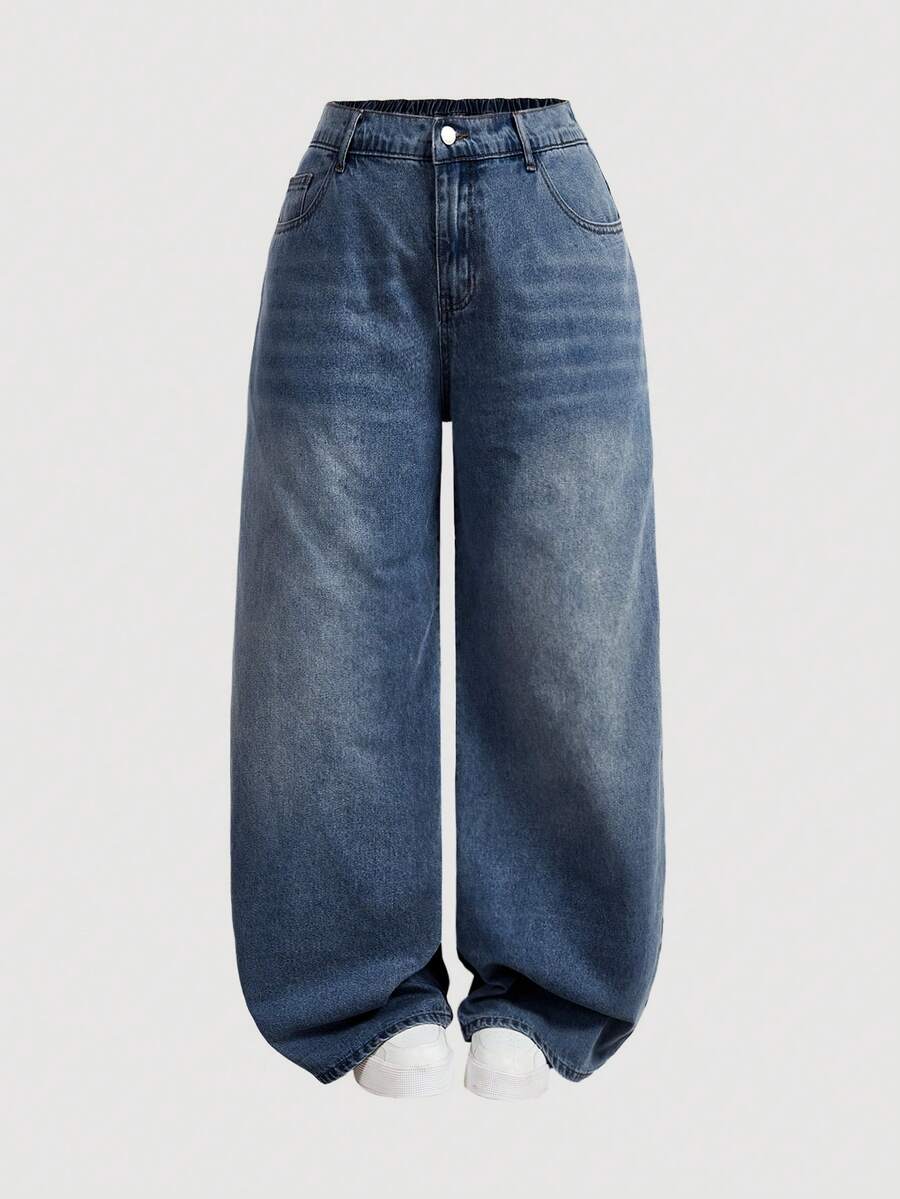 SHEIN MOD Plus Size Casual Washed Wide Leg Jeans - Dark Wash - View 1
