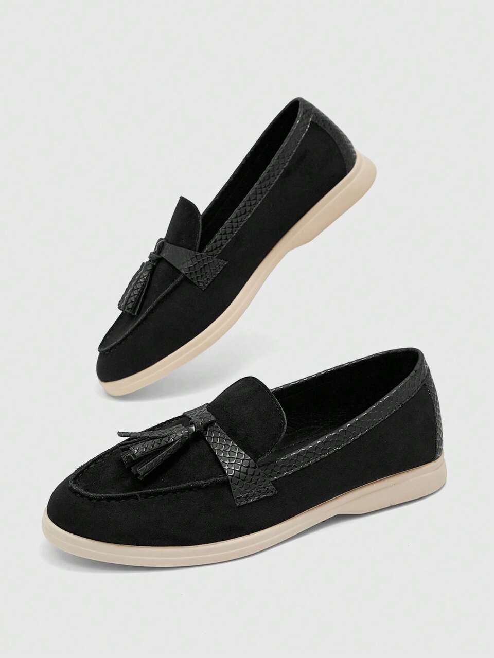CUCCOO BIZCHIC Women Shoes Fashionable Black Splicing Tassel Comfortable Flat-Bottomed Loafers Vacation Going Out Daily Commuting Shopping To Work Women's Flat-Botto