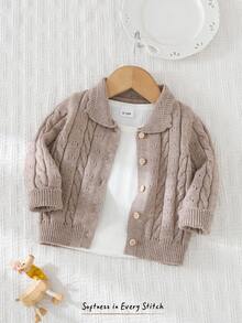 Cozy Pixies Baby Girl Solid Color Peter Pan Collar Long Sleeve Cardigan Sweater - Khaki - View 9