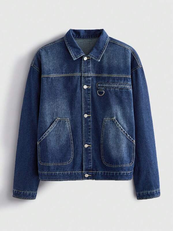 ROMWE MEN Street Life American Vintage Washed Workwear Men's Denim Jacket, Classic Lapel Single-Breasted Jacket With Metal D-Ring Zipper Decoration On Chest, Loose Drop Shoulder Fit, Versatile Casual Daily Commute Denim Top For Autumn/Winter