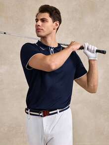 Courvante Men's Contrast White Trim Mesh Knit Polo Shirt Short Sleeve Breathable Slim Fit Business Casual Navy Top For Daily Office Wear - Navy Blue - View 4