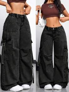 Rivivi Plus Size Women's Cargo Pocket Wide Leg Loose Casual Denim Jeans - Black - View 1