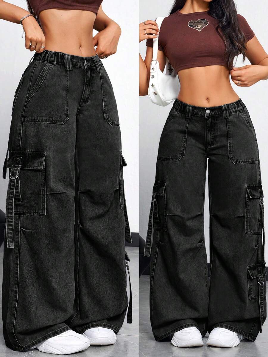 Rivivi Plus Size Women's Cargo Pocket Wide Leg Loose Casual Denim Jeans - Black - View 1